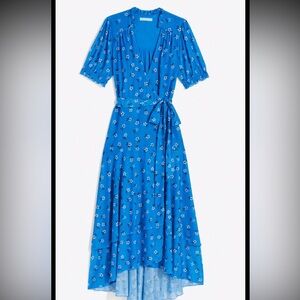 Draper James Blue Floral Wrap Midi Dress with Tie Waist